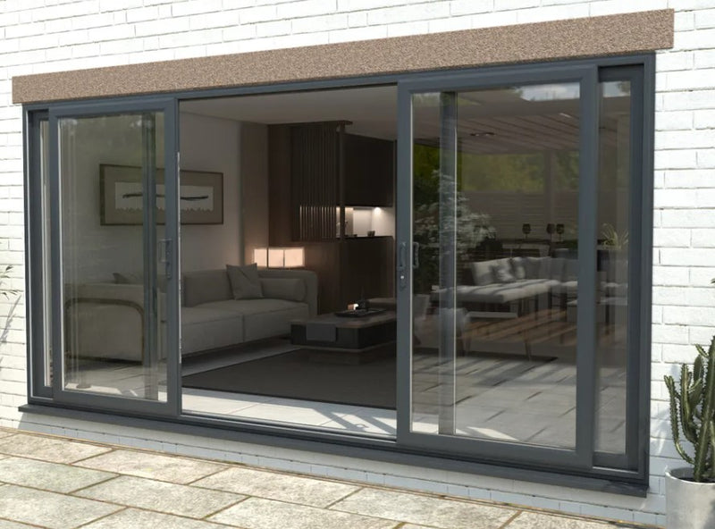 Modern sliding glass door leading to a living room with furniture.